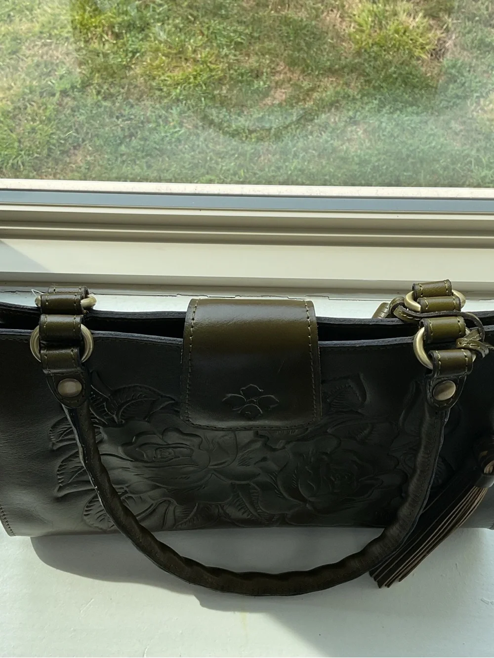 Women's Olive Embossed Floral Tote Bag with Tassel